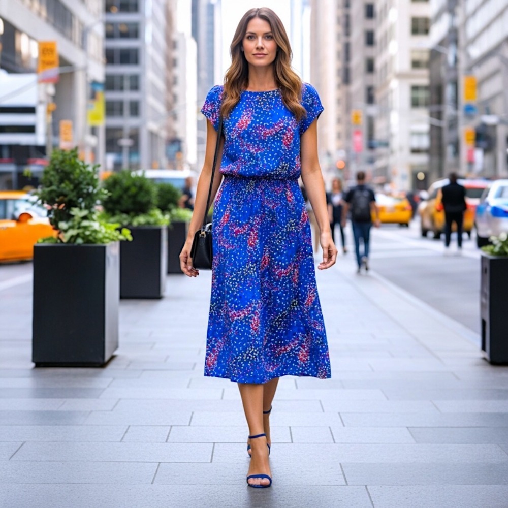 Peri Dress Vtg Womens 8P Blue Ditsy Floral Smocked Waist‎ Midi Cap Sleeve Petite